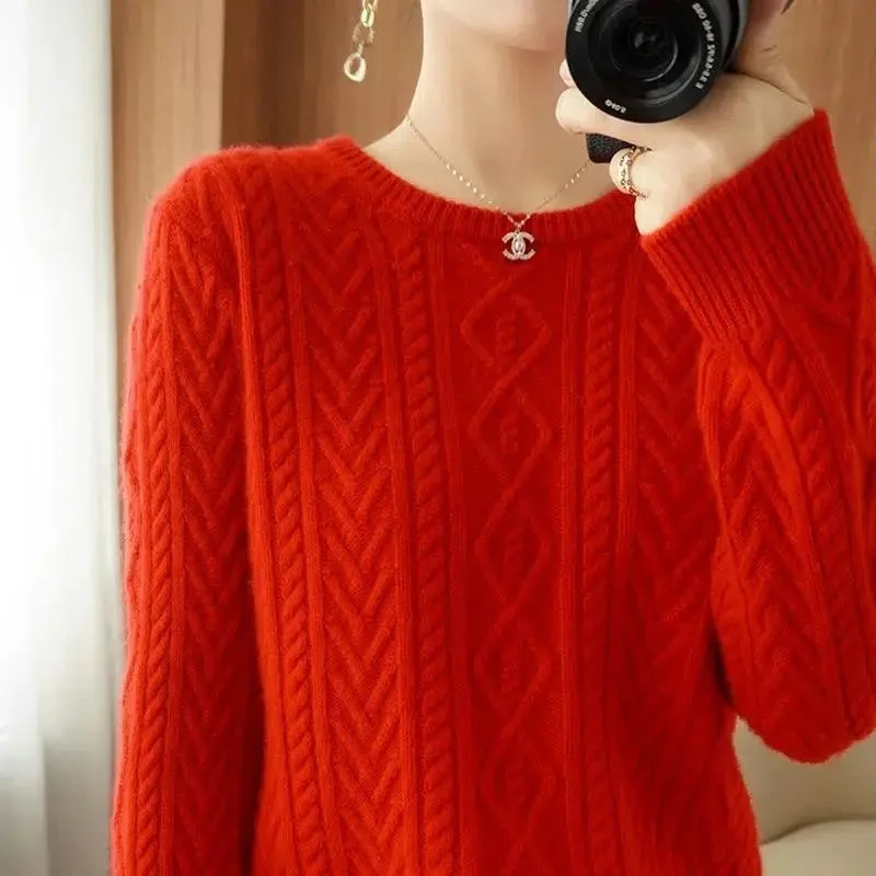 

2023 Autumn Winter Crew Neck Sweater Women Pullover Sweater Loose Threaded knitting Top Female Solid Color Long Sleeves Pullover