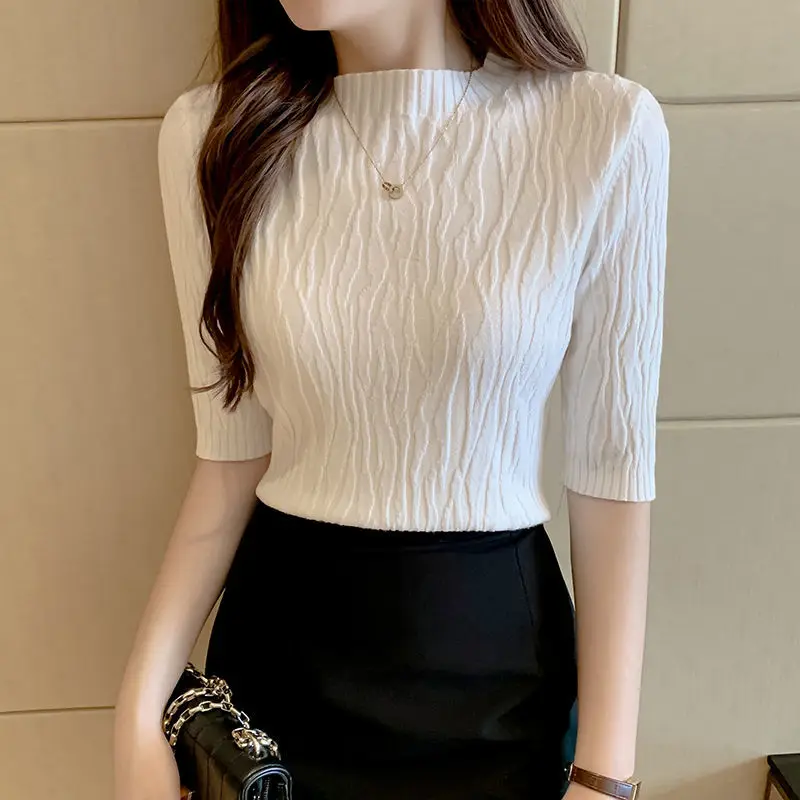 

Ice Silk Women's New Bottoming Shirt Female Loose Half Sleeve Knitted Sweater T-shirt Ladies Solid Color Bottoming Shirt G159