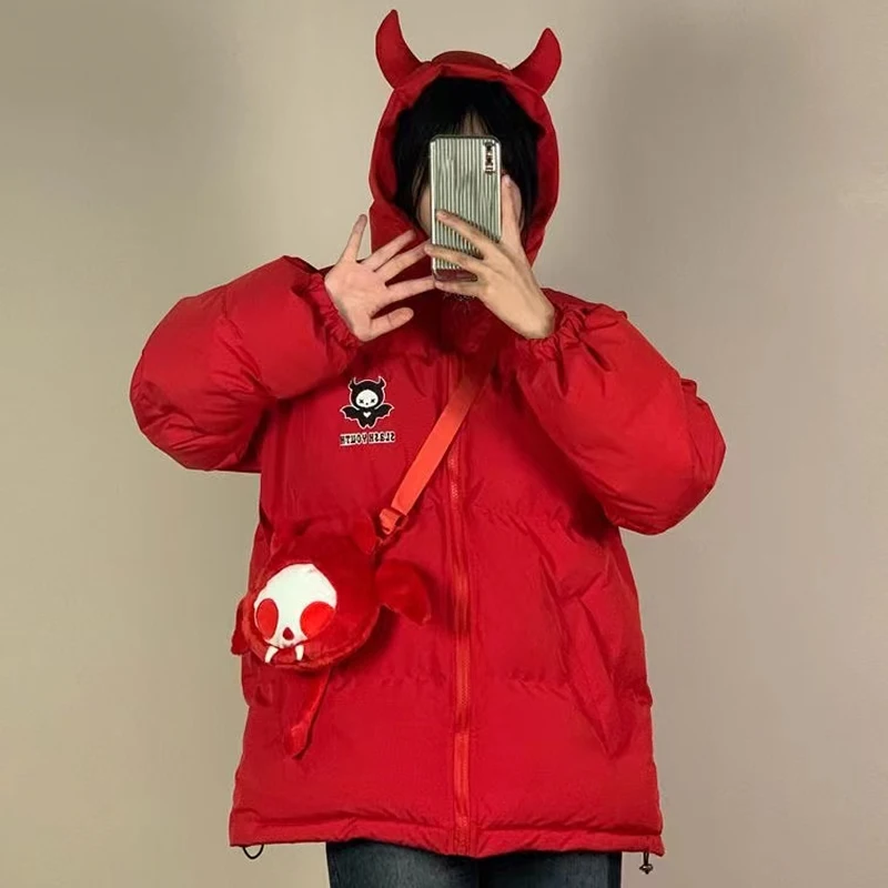 Emo Winter Women Streetwear Harajuku Korean Jackets Parkas Zipper Jacket Devil Horn Hoodie Warm Ladies Down Coats Alt Clothes