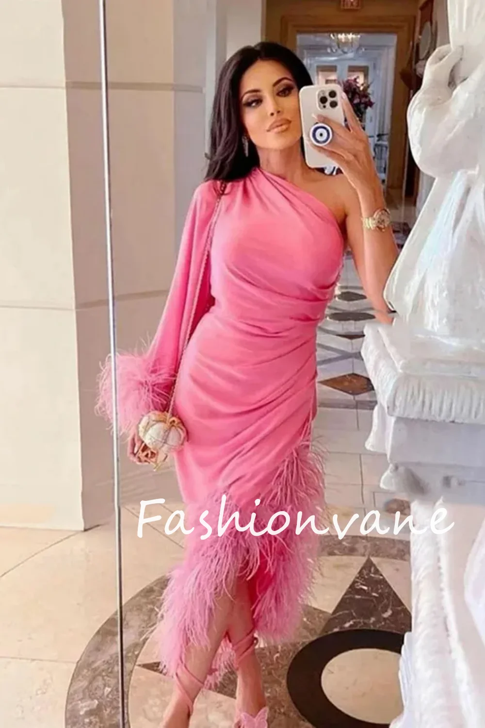 Фото Fashionvane 2024, индивидуальное длинное платье русалки на одно плечо с длинными рукавами и перьями до щиколотки, вечернее платье №3