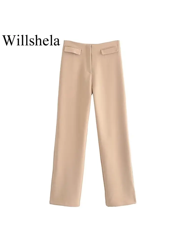 

Willshela женские модные однотонные брюки на молнии спереди с карманами, винтажные женские прямые брюки с высокой талией