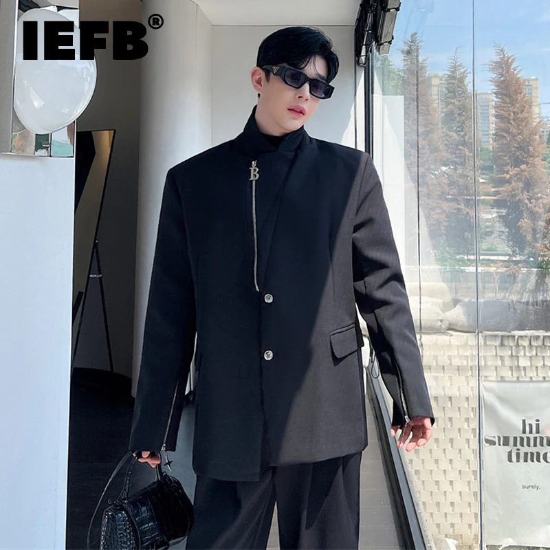 

IEFB Korean Styel Luxury Blazers Men Niche Design Irregular Zipper Cardigan Shoulder Pad Trend Suit Coat Solid Color Top 9C1785