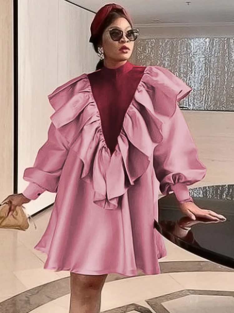

Women Dress Pink Wine Red Patchwork Ruffle Long Sleeves Lovely Autumn Spring Party Christmas Female Gowns 2022 Fashion New Robe