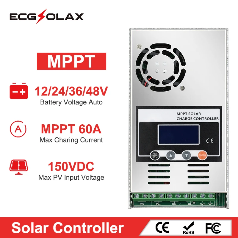 mppt контроллер, Контроллер заряда солнечной батареи ECGSOLAX 60A MPPT, автоматический солнечный регулятор, 60 А, 12 В, 24 В, 36 В, 48 В, с ЖК-дисплеем, макс. PV 150 В постоянного тока mppt контроллер солнечной батареи