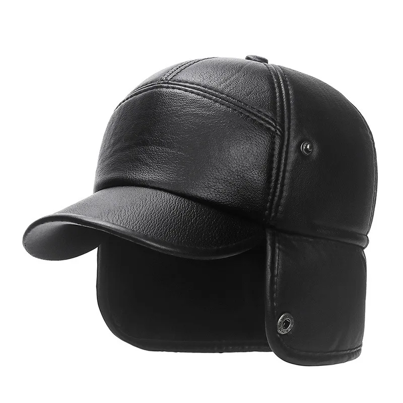 New Winter Bomber Hat Men Women Russian Black Leather Ushanka Cap With Ear Flaps Fur Warm Leather Brand Baseball Cap