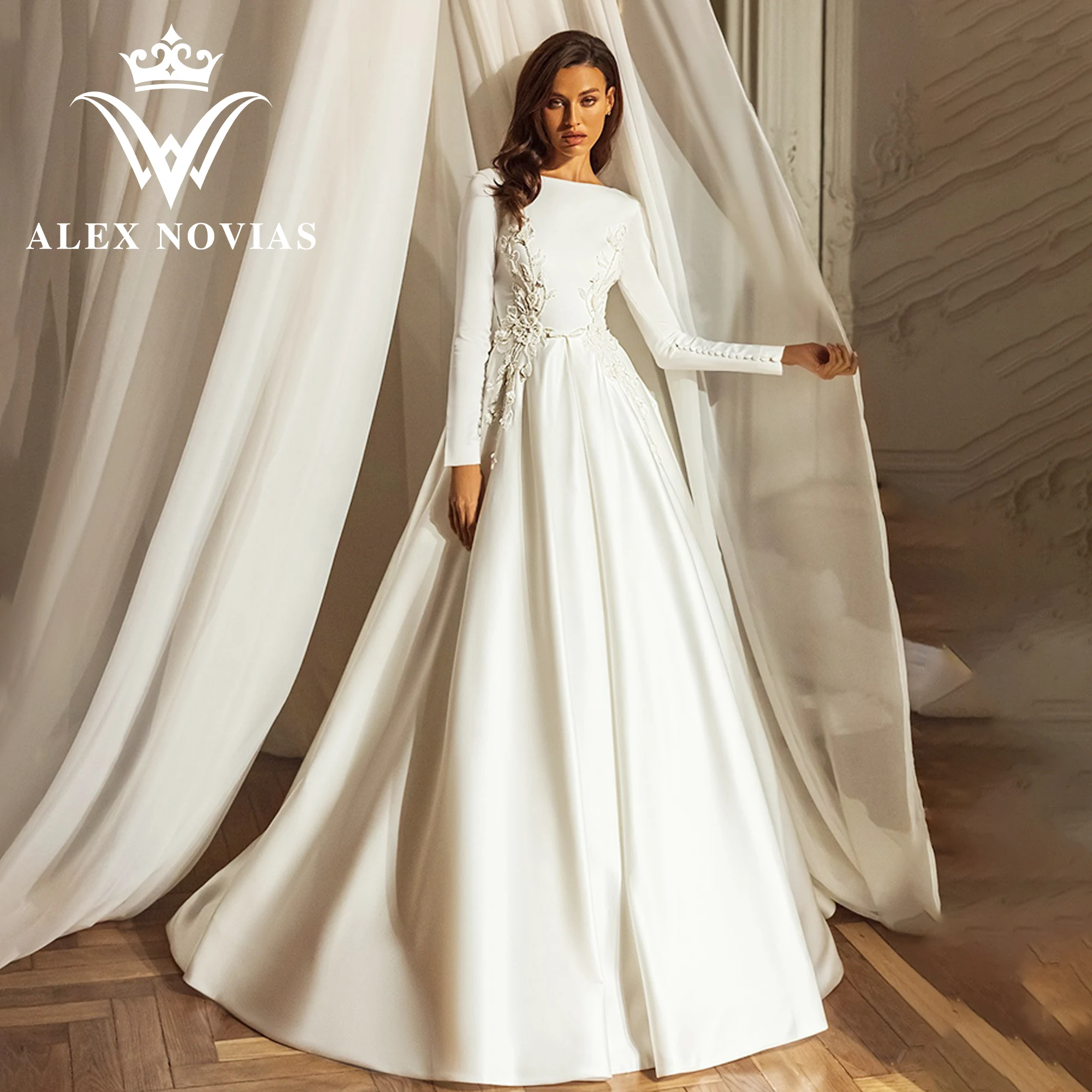 

Бальное платье ALEX NOVIAS, свадебное платье 2023, глубокое декольте, аппликация, блестки, 3D Цветы, атласное свадебное платье, мечтательное платье, свадебные платья