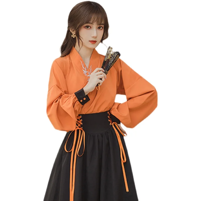 

Retro National Style Improved Han Elements Dress Daily Commuting Women's Han Chinese Clothing Small Ancient Costume Shirt Skirt