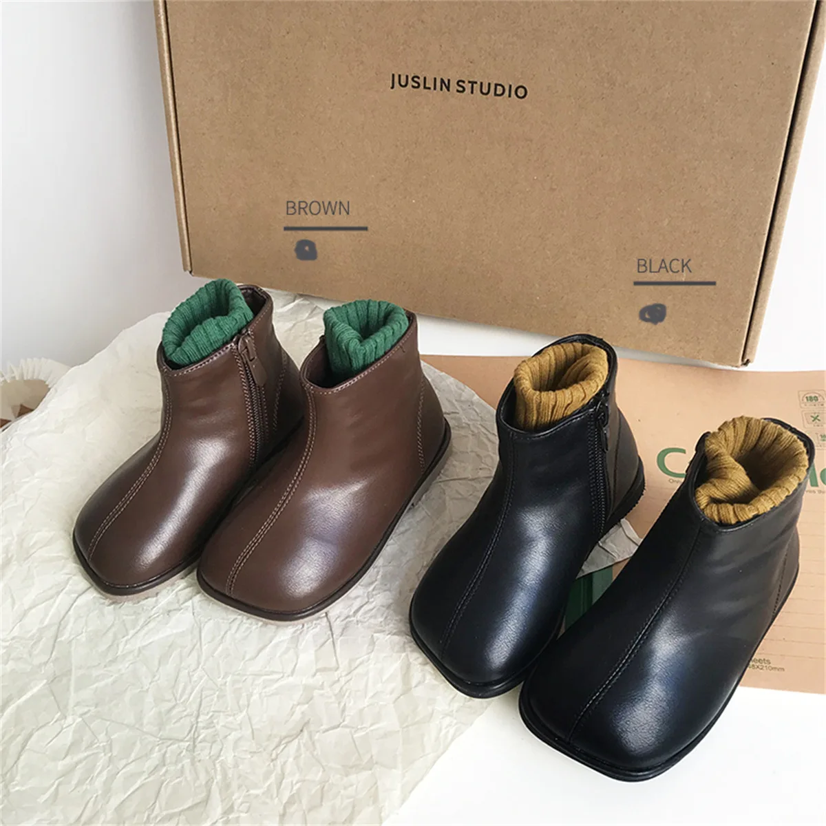 Eu Size 21-37 Korean Children's Boots Square Girls Short Boots Autumn Winter Princess Fleece Booties  Black Brown Color