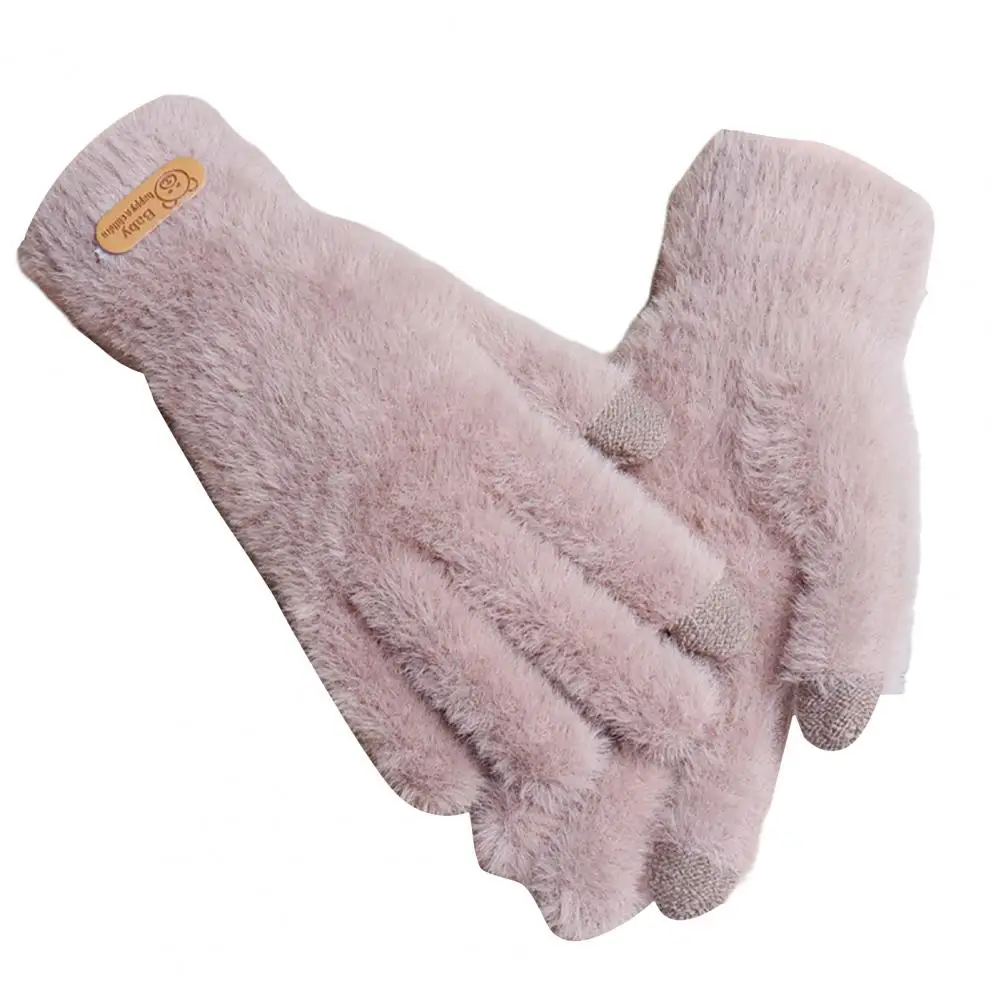 

1 Pair Women Winter Gloves Cozy Solid Color Full Finger Plush Elastic Keep Warm Furry Thicken Lady Gloves Winter Daily Gloves