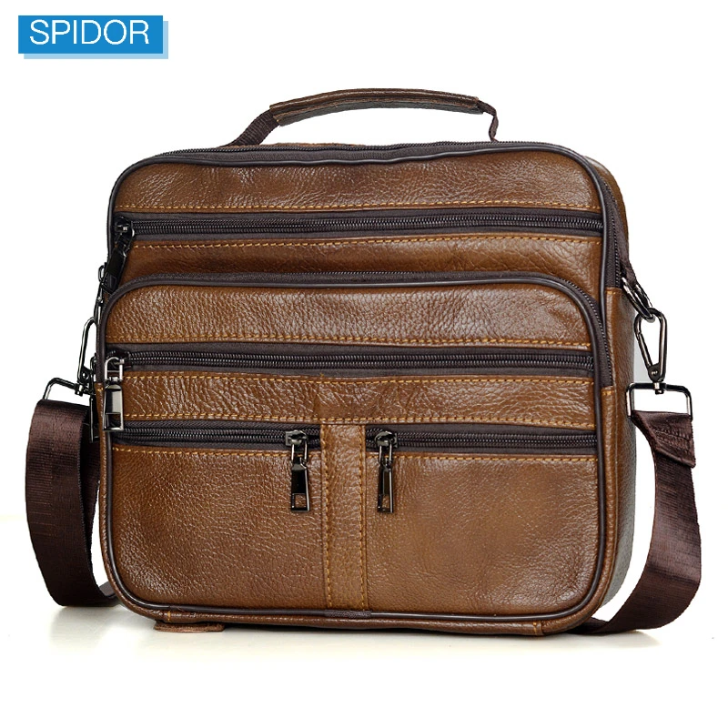 Coffee Men Genuine Leather Shoulder Bag Male Cowhide Leather Handbags Men's Large Zipper Messenger Bag Travel Tablet Bag Tote