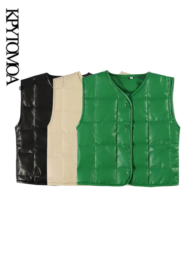 

KPYTOMOA Women Fashion Faux Leather Plaid Crop Padded Waistcoat Vintage Sleeveless Snap-button Female Outerwear Chic Vest Tops