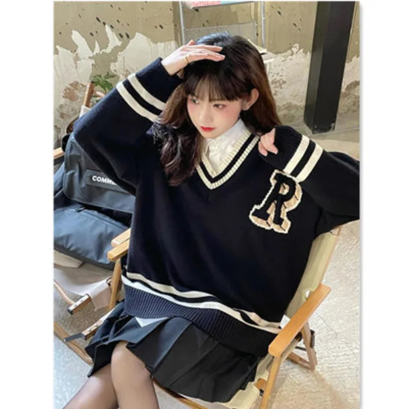 

Vintage Autumn Winter College Style Sweater Women Loose Korean Fashion Pullover Lazy Wind Long Sleeved Knitted Pull Tops Clothes