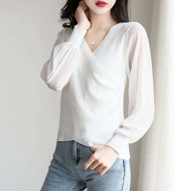 

Chiffon Sleeve Cross V Neck Fitted Sweater Black White Spring Office Kawaii Women Tops