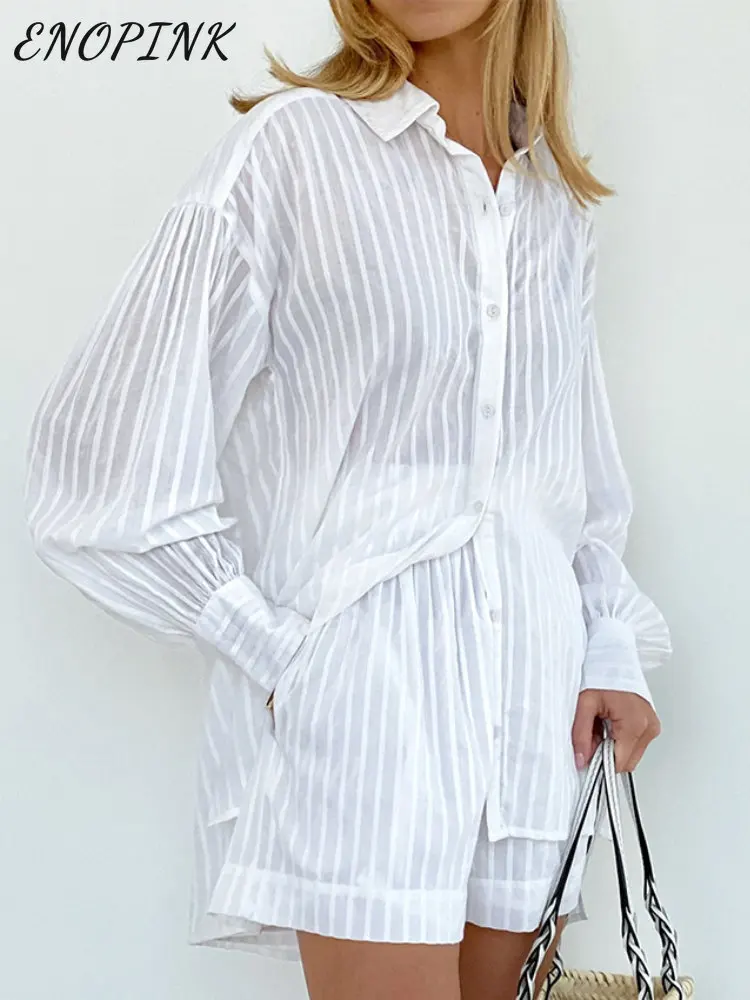 

Elegant Striped Shorts Two Piece Set For Women 2023 Summer 100% Cotton Casual Loose Long Sleeve Shorts Set Women Outfits Suit