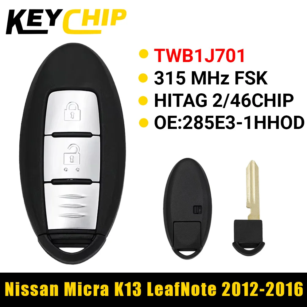 

KC TWB1J701 2-кнопочный смарт-карта, дистанционный ключ от автомобиля 315 МГц для Nissan Micra K13 March K13 Leaf 2012-2016 с чипом PCF7952A HITAG2 46