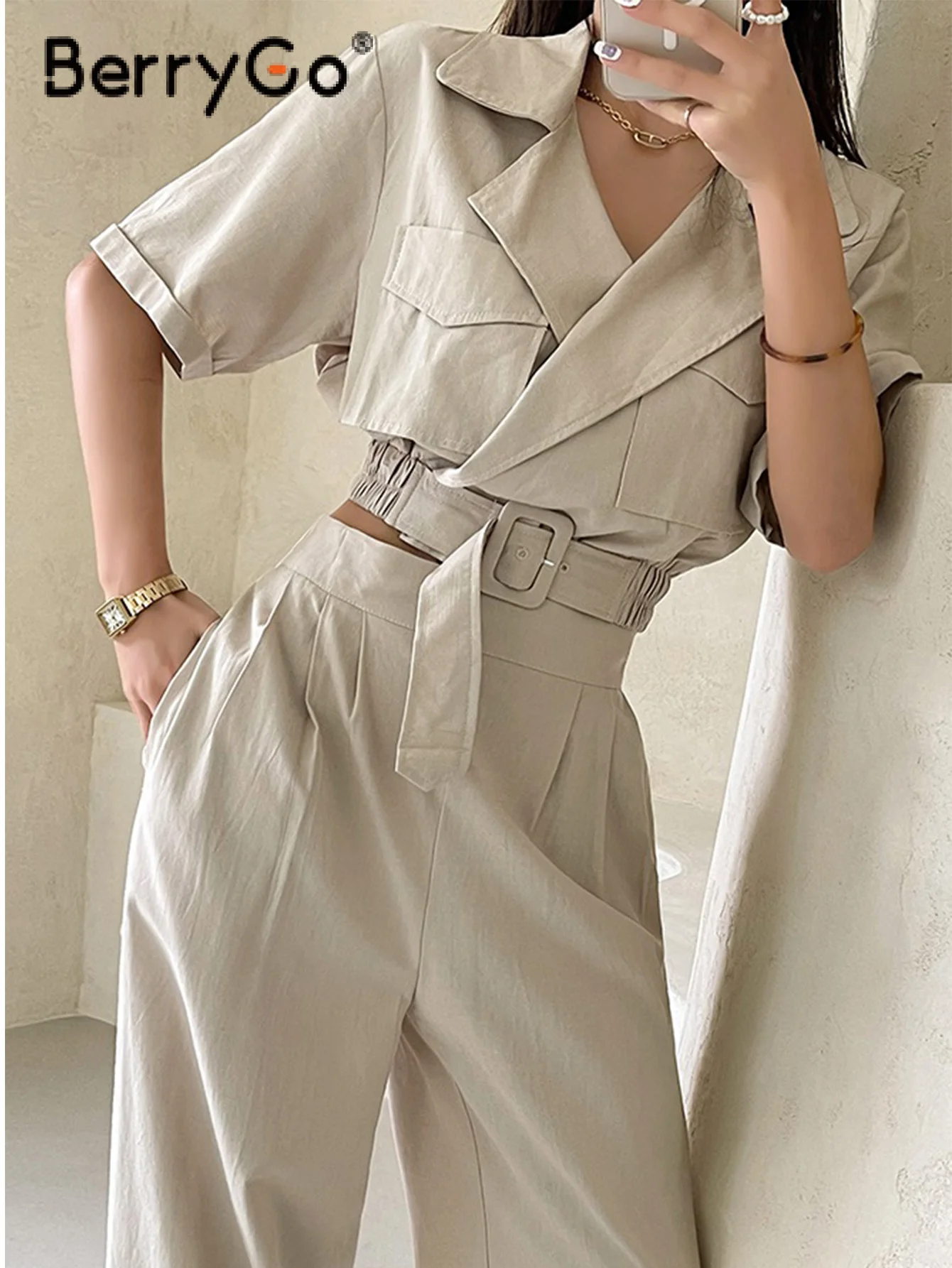 

BerryGo High street short sleeve V-neck two piece sets women Fashion pocket elastic waist wide leg blazer suits Solid casual set