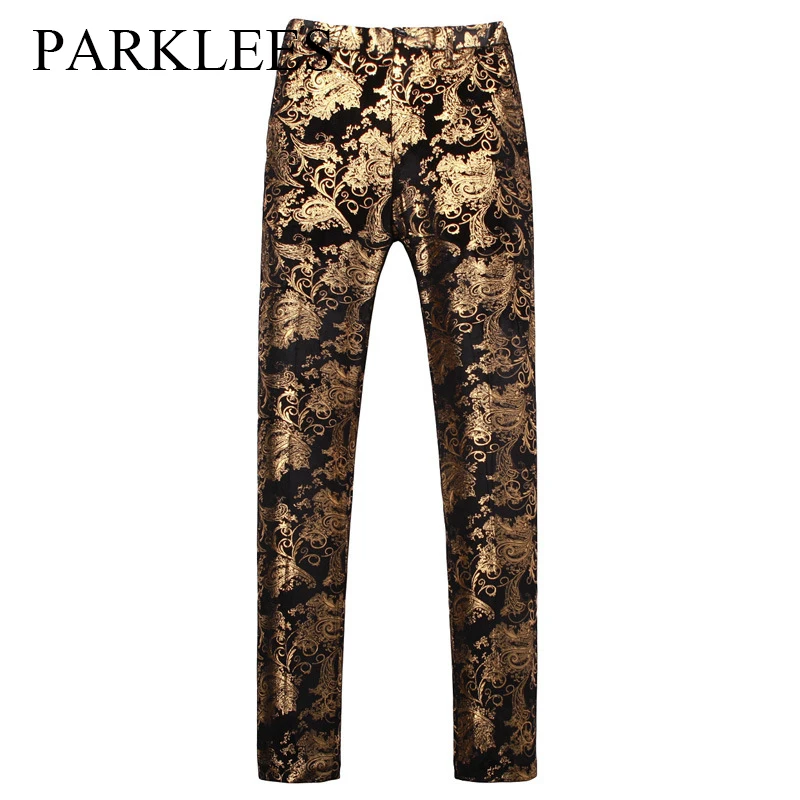 

Parklees Gold Printed Suit Pants for Men Vintage Luxury Party Wedding Groom Dress Pants England Style Bronzing Slim Fit Trousers