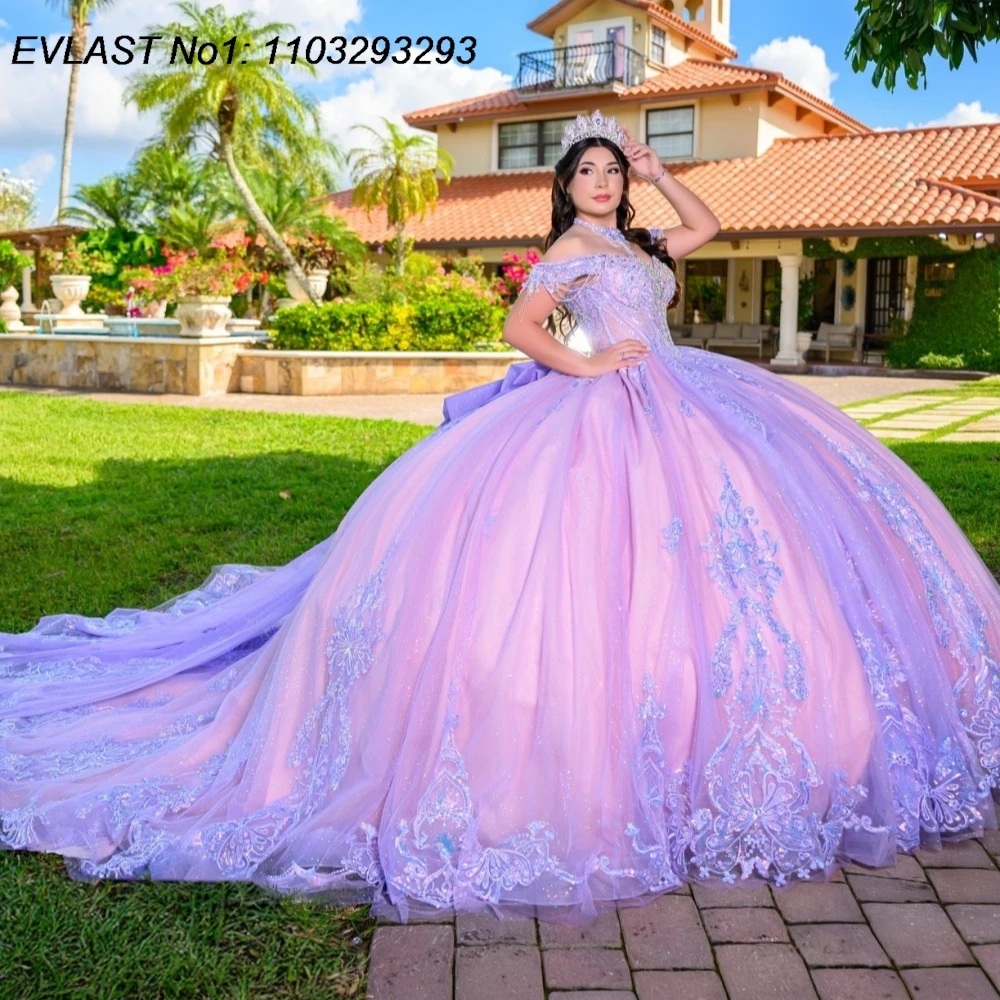 Фото Индивидуальное блестящее сиреневое бальное платье EVLAST для Quinceanera с кружевными аппликациями, бисером, бантом и корсетом, для Sweet 16, Vestidos De 15 Anos AQ249 №2