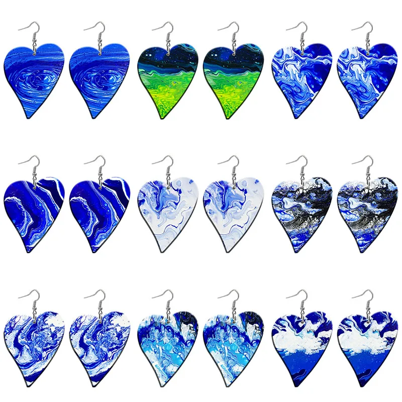 

Ocean Wave Patchwork Pattern Acrylic Heart Drop Earrings For Women Stainless Steel Piercing Ear Hooks Jewelry Girls' Gift Z1350