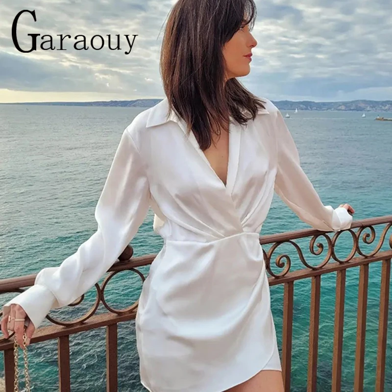 

Garaouy 2022 Summer Fashion Women Elegant Satin Lapel Deep V Neck Dress Long Sleeve Office Ladies Mini Dress Female Mujer Trf