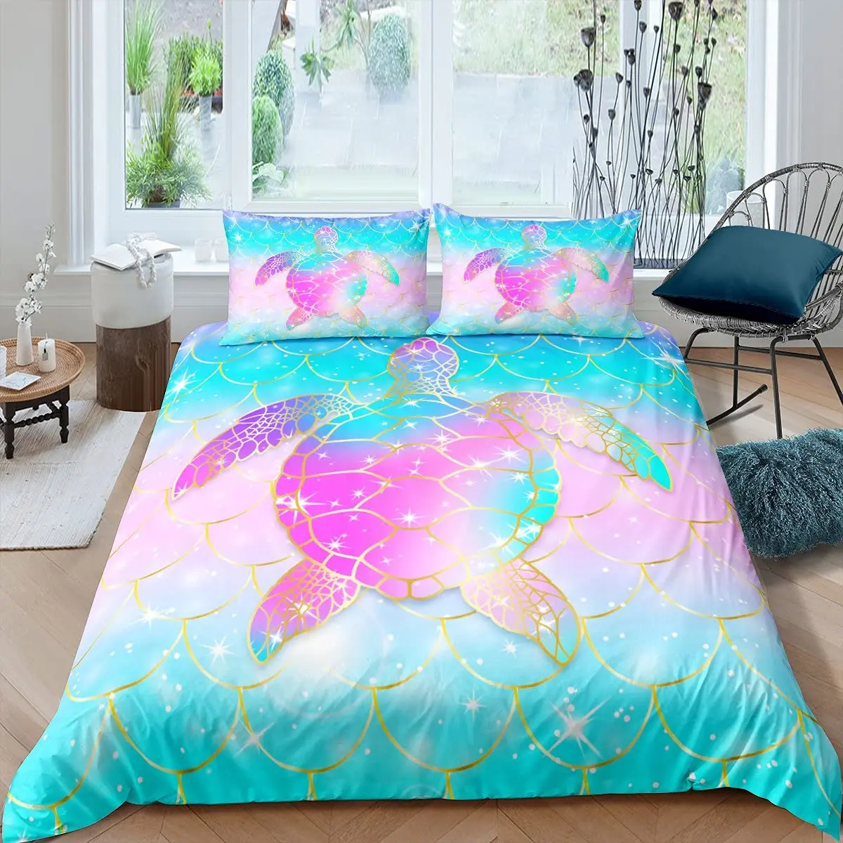 

Mermaid Scales Duvet Cover for Girls, Tortoise Reptile Bedding Set Queen Size, Sea Turtle Sweet Girl Bedspread Cover, Teal Blue