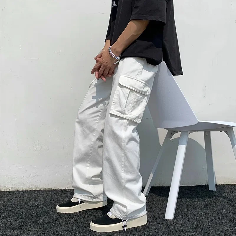 

Black/white Casual Pants Men's Fashion Loose Straight Wide Leg Men Streetwear Hip-hop Pocket Cargo Mens Trousers