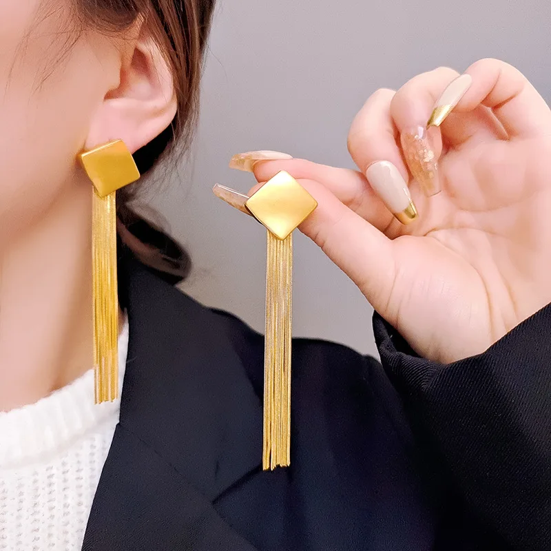 

Luxury Temperament Square Tassel Long Women's Earrings European Style Exaggerated Celebrity Cocktail Party Jewelry Earrings