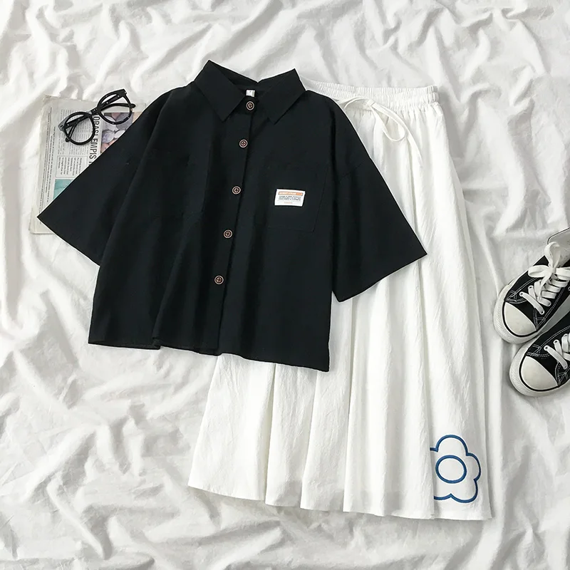 

Женский Повседневный костюм с юбкой, однобортная Однотонная рубашка с отложным воротником и бандажная юбка с поясом на резинке, короткие женские комплекты на лето