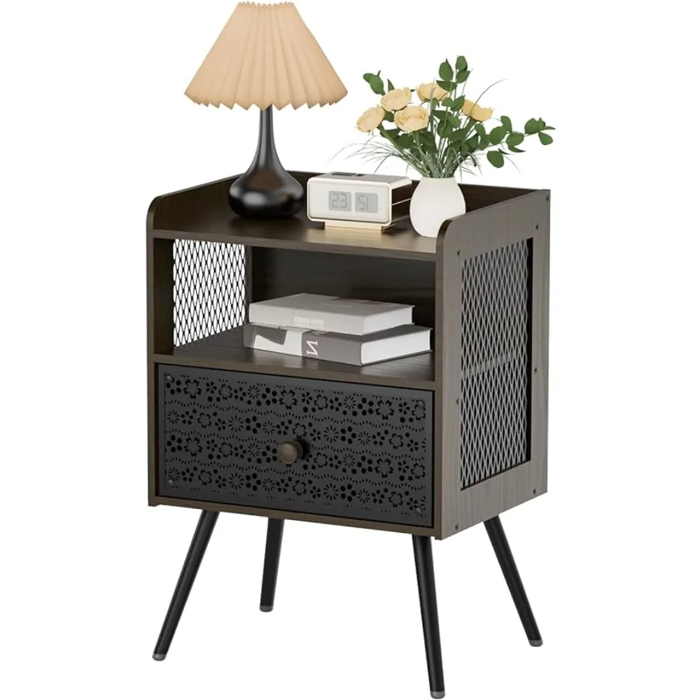 Nightstand, Night Stand with Drawers, 2-Tier Open Adjustable Metal Floral Drawer Night Stand, Metal Table Legs