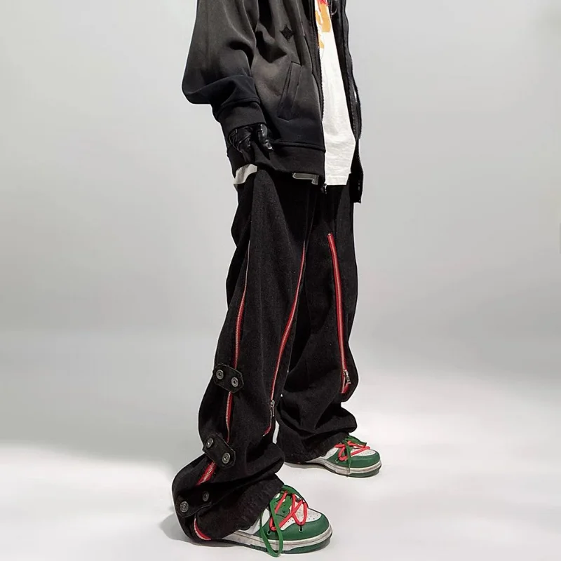 DEEPTOWN Y2K Zipper Baggy Jeans Men Button Straight Denim Pants Red Blue Streetwear Trousers Male Wide Leg Punk Hip Hop Fashion
