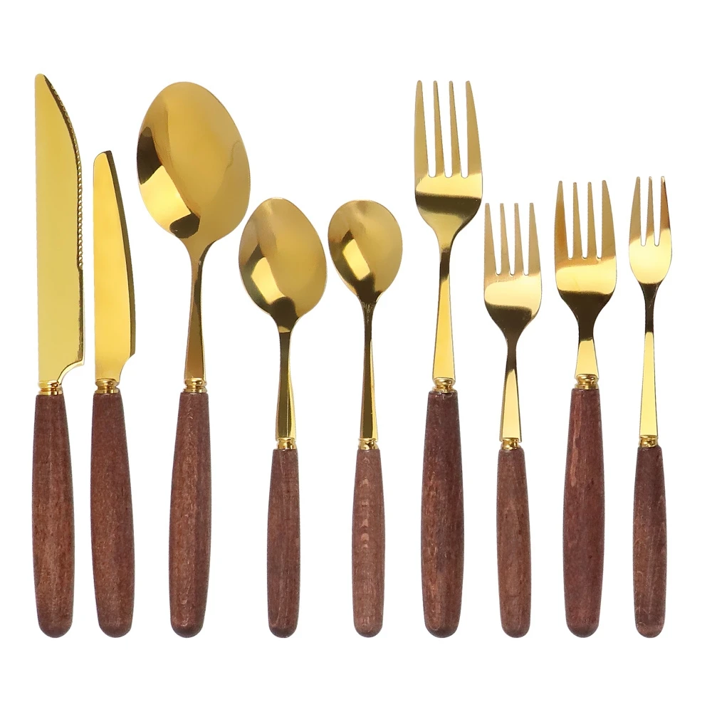 

9 Pcs/Set Stainless Cutlery Steak Knife Beech Wood Handle Fruit Fork Dessert Spoon Kitchen Utensils Tableware Luxury Dinnerware