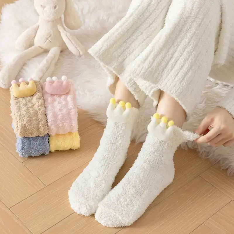 Женские Бархатные Носки Кораллового Цвета Толстые Теплые Противоскользящие