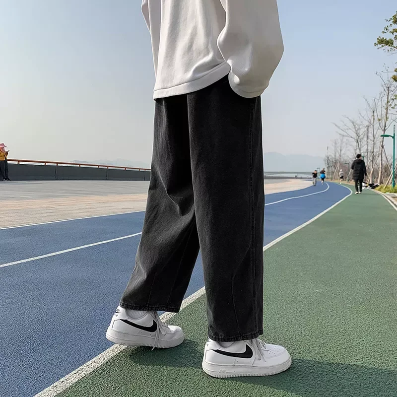 2022New Spring Autumn New Men's Baggy Black Jeans Korean Fashion Elastic Waist Design Straight-leg Denim Pants Male Brand Tr