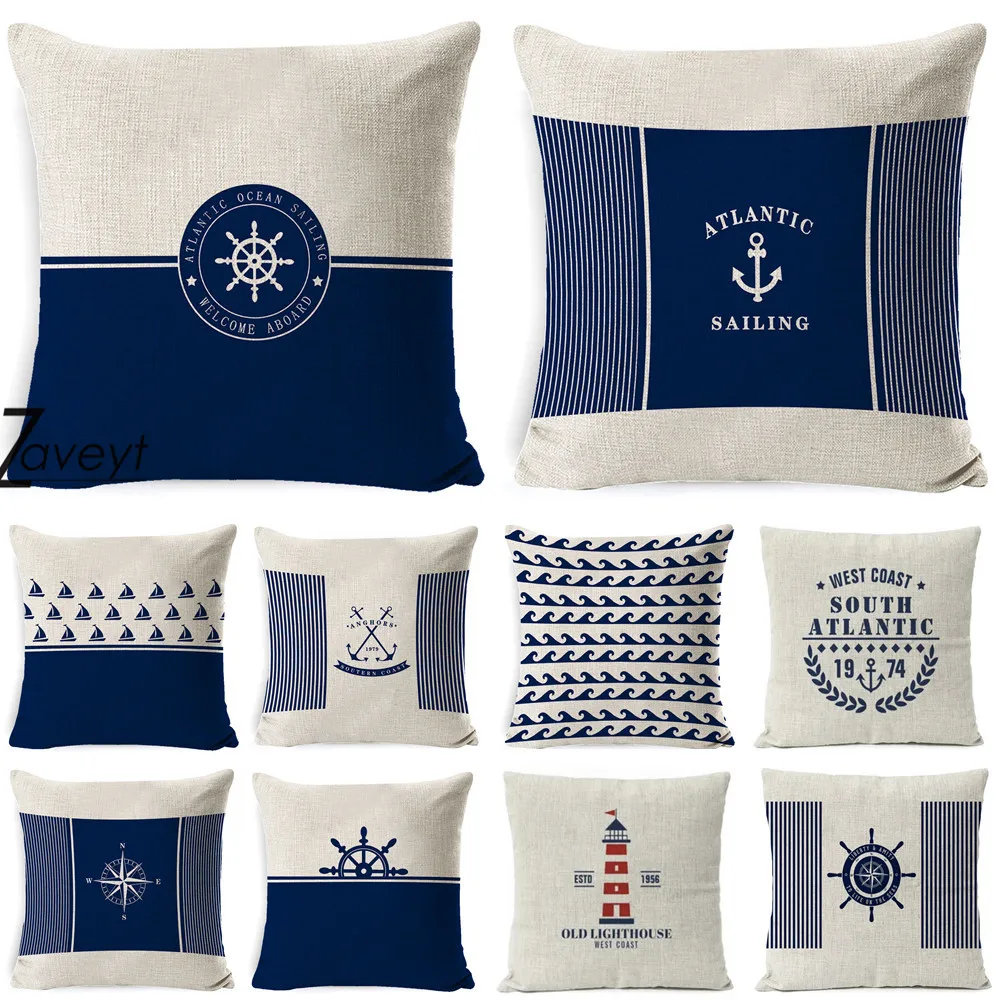 

4 size 1side or 2side print Linen Vintage Navigation Rudder anchor print Cushion cover Seablue Marine Fish Throw Pillowcase