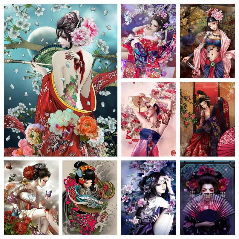 

Japanese Geisha Art 5d Diamond Painting AB Drills Full Square Kimono Beauty Woman With Flowers Cross Stitch Mosaic Home Decor