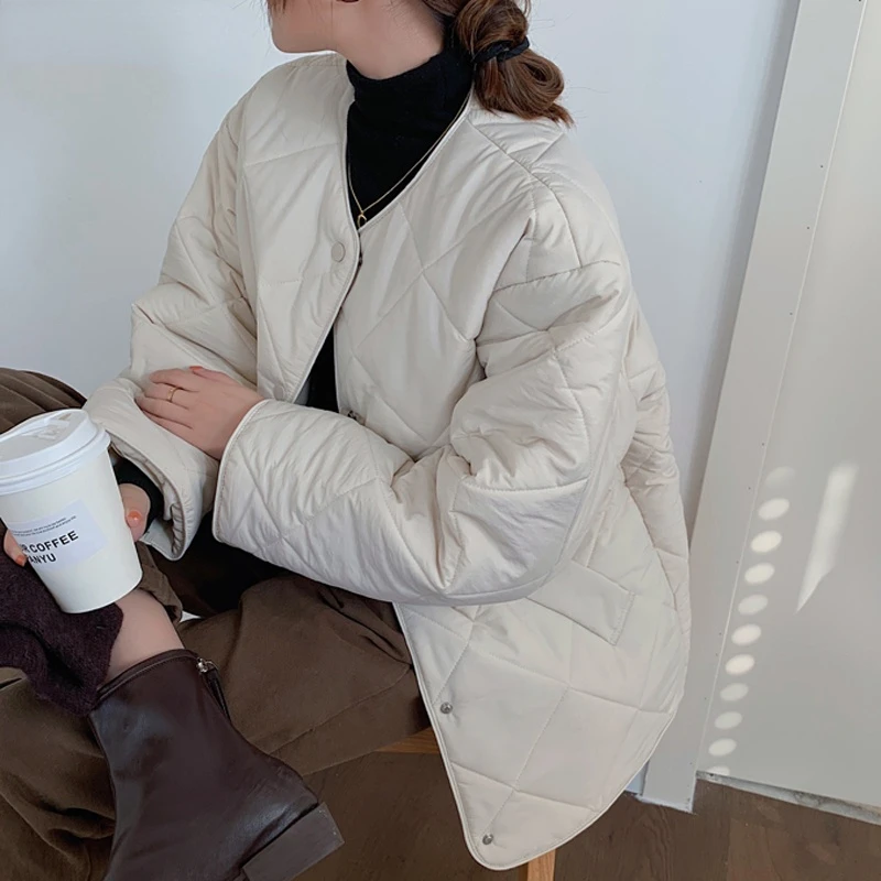 Korean Version Loose and Thin Round Neck Diamond Lattice Cotton-padded Jacket Simple Cotton-padded Jacket Women 2022 Winter New