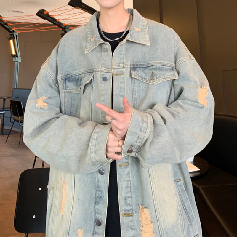 Осенняя джинсовая куртка со сломанными дырками Мужское пальто в ретро-стиле