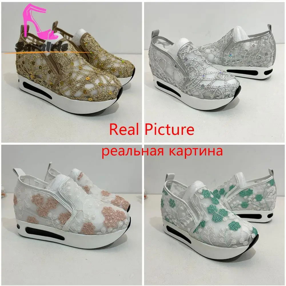 Wedges Women Sneakers Plats Summer 2023 Hot Fashion Flowers Embroidery Mesh Sneakers Women Slip On Comfy Breathable Shoes