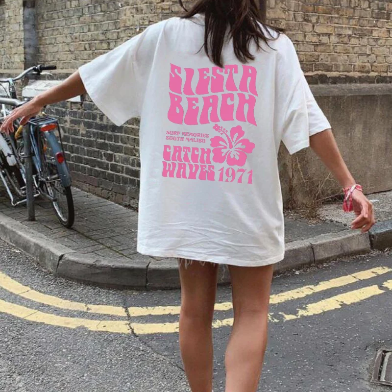 Siesta Beach Letter Print Oversized Vacation T Shirt Summer Trendy Fashion Casual T-shirts Women Vsco Aesthetic Y2k Tshirt Tops