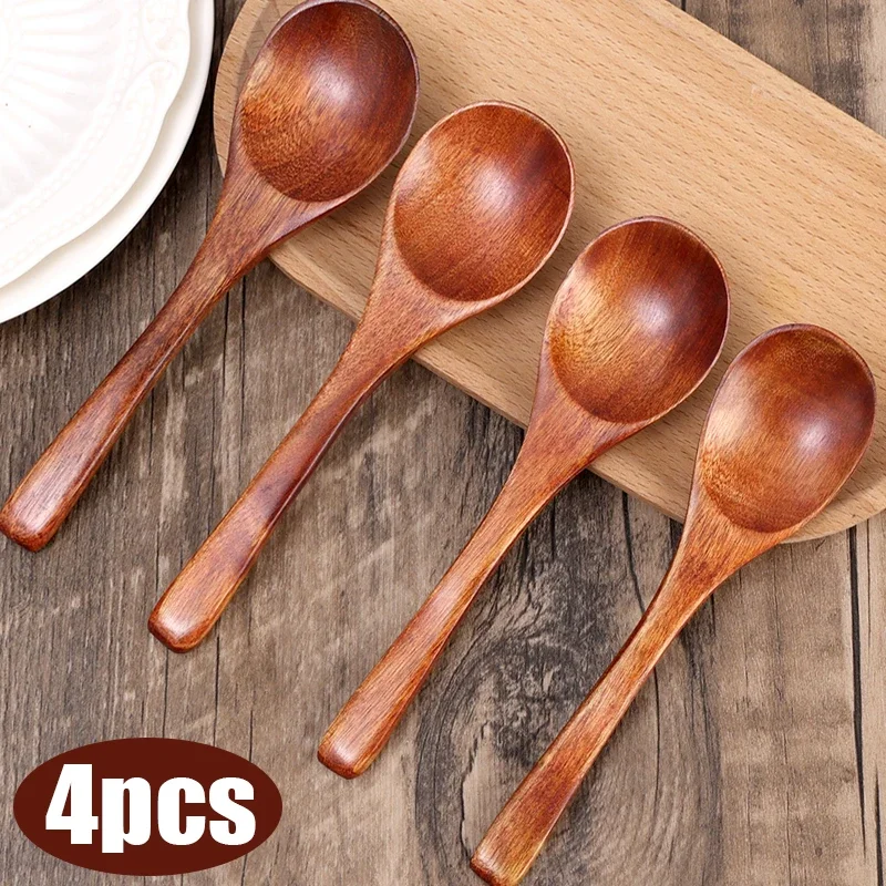 

4/1Pcs Wooden Spoons Japanese Style Dessert Rice Soup Wood Spoon Short Long Handle for Eating Mixing Stirring Kitchen Utensil