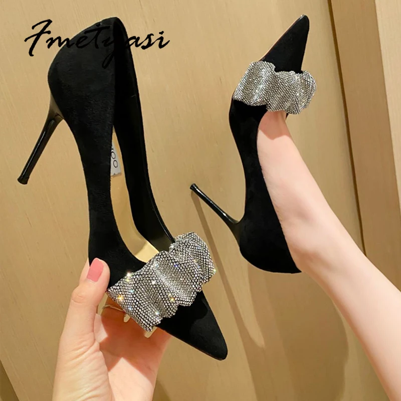2022 New Women Pumps Luxury Rhinestone Chain Pointed Toe Shallow Mouth Stiletto Spring Summer Black Party Dress Shoes Heel