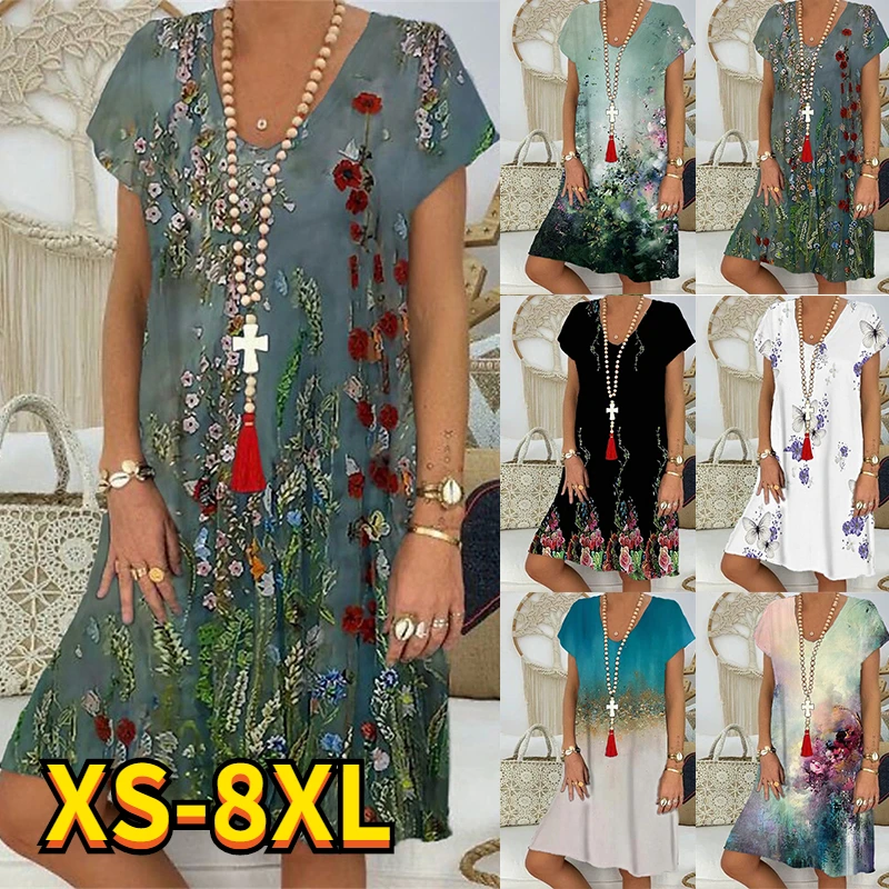

2022 Summer Women's Abstract 3D Printed Painting Dress V Neck Fashional Casual Dress New Design Female Flower Dress New 8XL