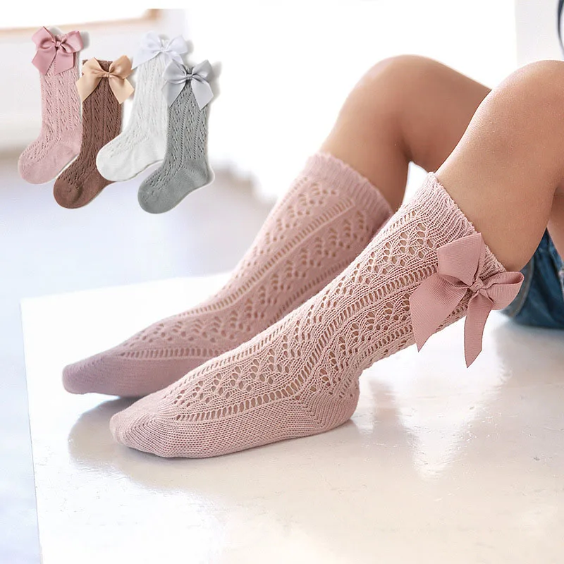 

0-3Y 2Pairs Toddler Knee High Socks for Baby Girl Long Soft Cotton Sock Newborn Summer Breathable Mesh Thin Solid Kids Bow Socks