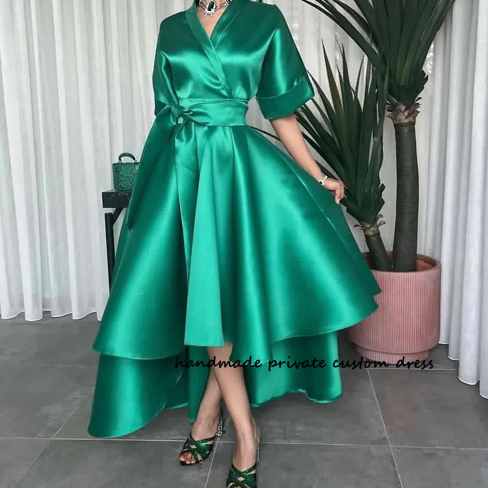 

Green Satin A Line Saudi Arabic Evening Dresses Half Sleeve with Belt High Low Celebrate Party Dress Dubai Wedding Prom Gowns