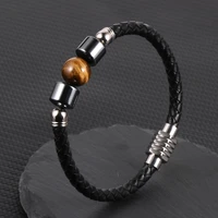 2022 new design men wristband gemstone thin leather cord natural tiger eye stone hematite bead wrap bracelet