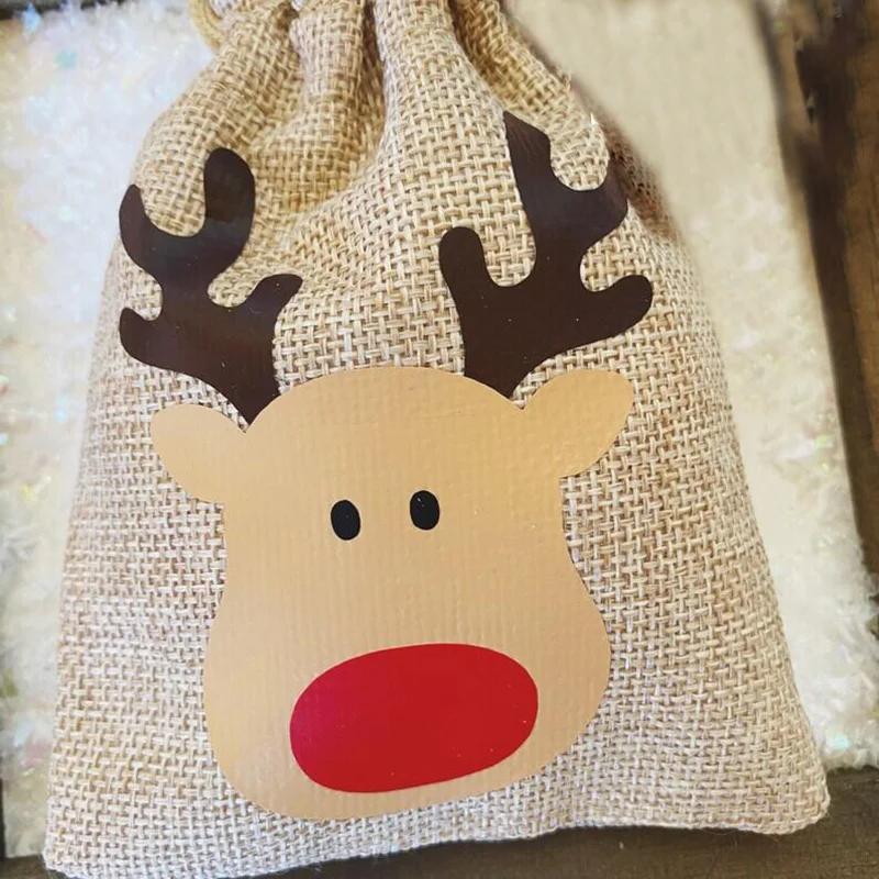 

5pcs Reindeer burlap candy gift bags Kid boy girl Merry Christmas Eve party present Stocking Stuffer Xmas tree rustic decoration