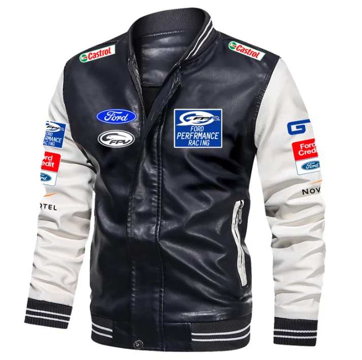

Retro Men's bomber Ford Rally logo Jackets Autumn Casual Motorcycle PU Jacket Biker Leather Coats Brand Clothing EU Size