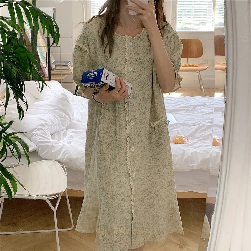 2022 Summer Women's Night Gowns Loose Floral Nightdress Lace Pajamas Lounge Wear Single-breasted Nightgown Women Cotton Pajamas