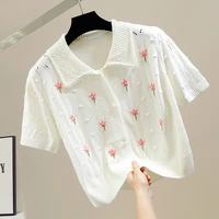 sweet flowers embroidered hollow out knitted sweater for women single breasted short knitting cardigan summer thin knitwear top
