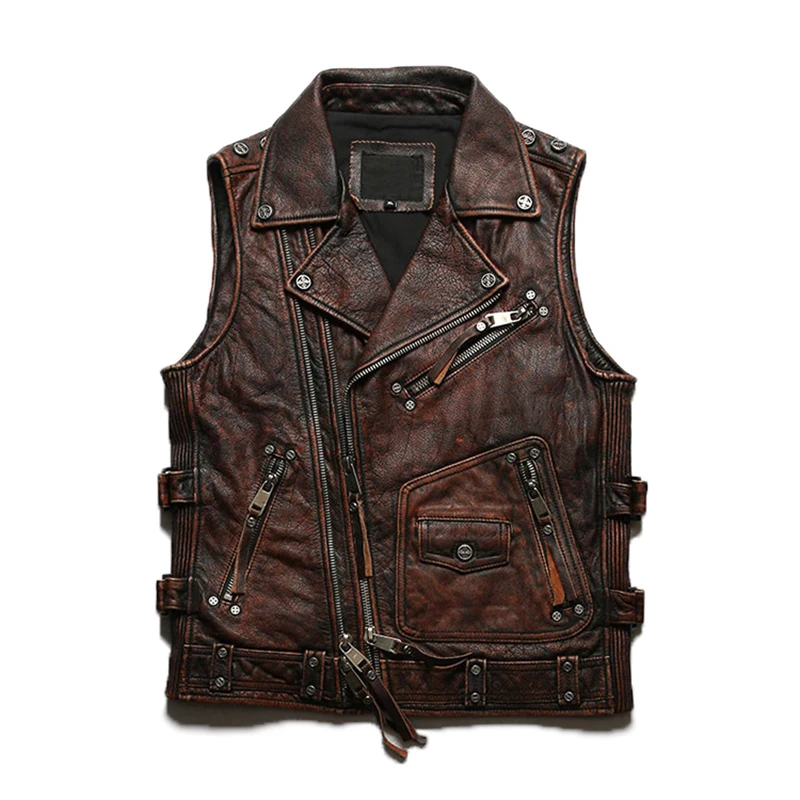 

Spring summer models of men Japanese retro leather biker undershirt factory direct supply stone grinding head layer cowhide vest
